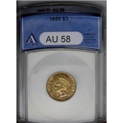 1856 $3 AU58 ANACS. Rose toning graces the borders of