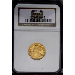 1857 $3 AU53 NGC.From The Steve Glenn Collection.