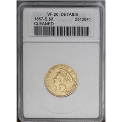 1857-S $3 --Cleaned--ANACS. VF20 Details. A hairlined a