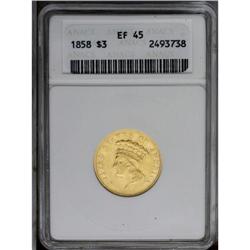 1858 $3 XF45 ANACS.From The Steve Glenn Collection.