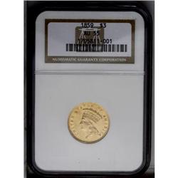 1859 $3 AU55 NGC.From The Steve Glenn Collection.