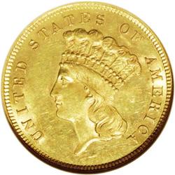 1859 $3 MS61 NGC. Breen-6361. Repunched 1 and 9. A lus