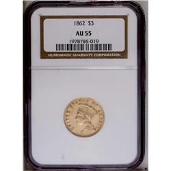 1862 $3 AU55 NGC. A scarce issue, with only 5,750 busi