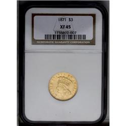 1871 $3 XF45 NGC.From The Steve Glenn Collection.