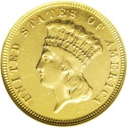 1872 $3 AU58 NGC. Bright yellow-gold surfaces exhibit