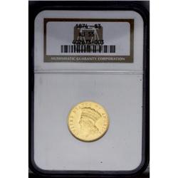 1874 $3 AU55 NGC.From The Steve Glenn Collection.