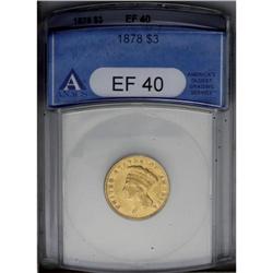 1878 $3 XF40 ANACS. Pleasing apricot-gold surfaces ret