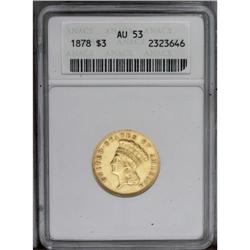 1878 $3 AU53 ANACS. Sparkling luster is only absent th