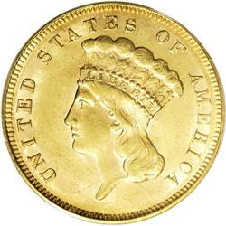 1878 $3 MS62 PCGS. Beautiful copper-gold color, with s