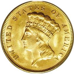 1878 $3 MS64 PCGS. Light copper-gold antique patinatio