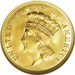 1888 $3 MS65 NGC. A beautiful Gem example with satiny