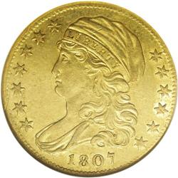 1807 $5 BUST LEFT AU58 NGC.From The Steve Glenn Collec