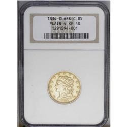 1834 $5 Plain 4 XF40 NGC. First Head, Breen-6501, McCl