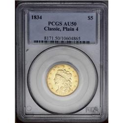 1834 $5 Plain 4 AU50 PCGS. Second Head, Breen-6502, Mc