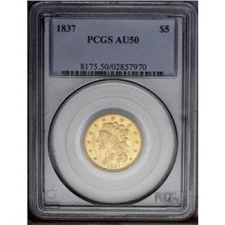 1837 $5 AU50 PCGS. Breen-6512, Large Date, Large 5, Mc