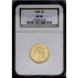 1838 $5 AU50 NGC. Breen-6514, Large Arrows, Small 5, M