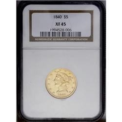 1840 $5 Narrow Mill XF45 NGC. Moderate circulation wea