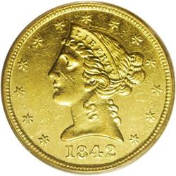 1842-D $5 Large Date AU53 PCGS. Variety 9-G. Although