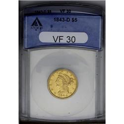 1843-D $5 Medium D VF30 ANACS. Variety 10-H. The portr