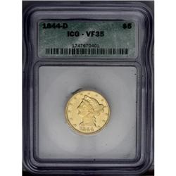1844-D $5 VF35 ICG. Variety 11-H. Light in color with