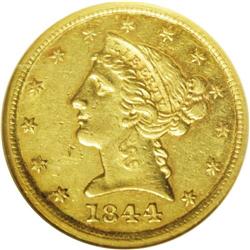 1844-D $5 AU58 NGC. Not Variety 11-H. The obverse die