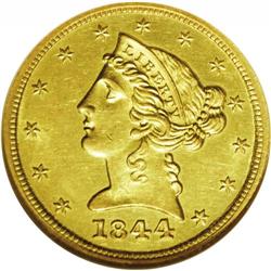 1844-D $5 MS61 NGC. Variety 11-H. A bright yellow-gold