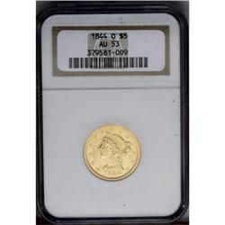1844-O $5 AU53 NGC. Glimpses of bright luster are part