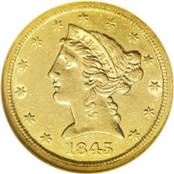 1845-O $5 AU55 NGC. Frosty luster in the fields and mo