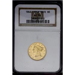 1846 $5 AU58 NGC.From The Steve Glenn Collection.