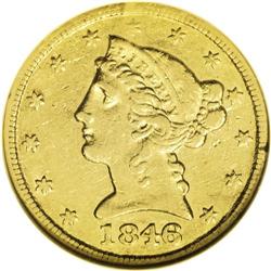 1846-C $5 AU53 NGC. Variety 8-E. Traces of luster are