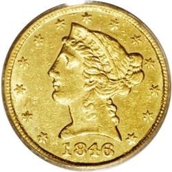 1846-C $5 AU58 PCGS. Variety 8-E. Only 12,995 Half Eag