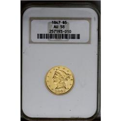1847 $5 AU58 NGC.From The Steve Glenn Collection.