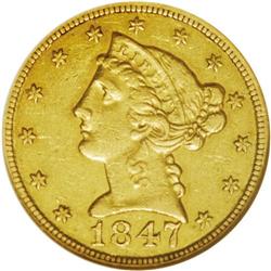 1847-C $5 AU50 NGC. Variety 9-E. A moderately abraded