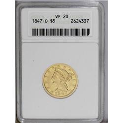 1847-O $5 VF20 ANACS. A glossy olive-gold example with