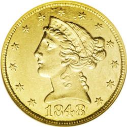 1848-C $5 AU58 NGC. Variety 11-E. Bright and lustrous