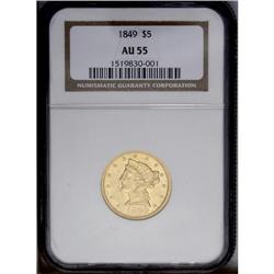 1849 $5 AU55 NGC. Moderate abrasions on both sides, wi