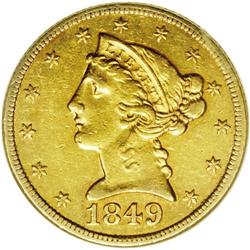 1849-C $5 --Cleaned--ANACS. AU50 Details. Variety 12-F,