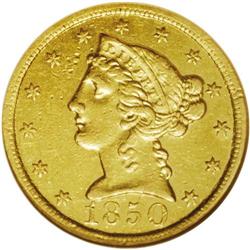 1850-C $5 AU55 NGC. Variety 15-G, State I. Bold C mint