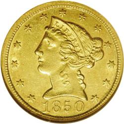 1850-C $5 AU58 NGC. Variety 15-G, State II. The Weak C