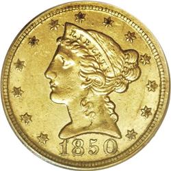 1850-D $5 AU55 PCGS. A scarce D-mint five with a low s