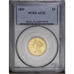 1851 $5 AU53 PCGS. A well struck coin save for the low