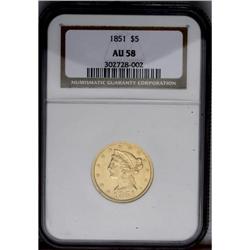 1851 $5 AU58 NGC. A nice coin for No Motto type purpos