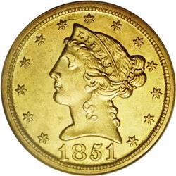 1851-D $5 --Tooled--ANACS. AU58 Details. Variety 26-R.