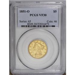 1851-O $5 VF30 PCGS. A rare and unreported reverse die