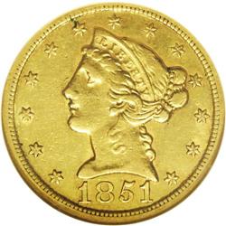 1851-O $5 AU50 NGC. The only O-mint half eagle minted