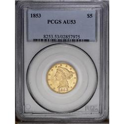 1853 $5 AU53 PCGS. A typical strike on the reverse, bu