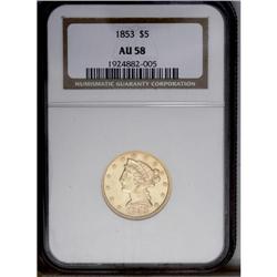 1853 $5 AU58 NGC. Less available at near-Mint State th