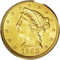 1853 $5 MS62 PCGS. Far superior to the usually encount