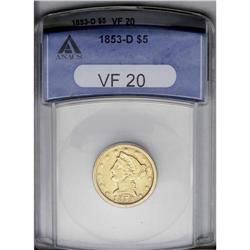 1853-D $5 Large D VF20 ANACS. Variety 29-T. Sharp for