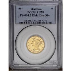 1854 $5 Doubled Die Obverse AU58 PCGS. FS-004.5. Liber